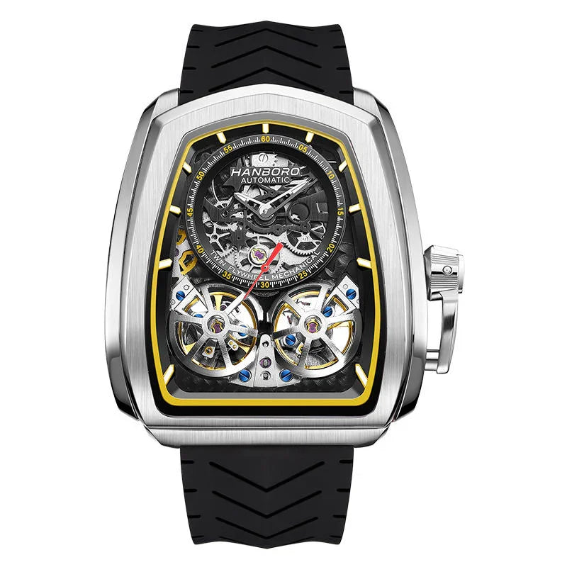 Luxury racing-inspired skeleton watch with tonneau case, visible gears, and black rubber strap