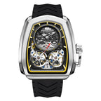 Luxury racing-inspired skeleton watch with tonneau case, visible gears, and black rubber strap