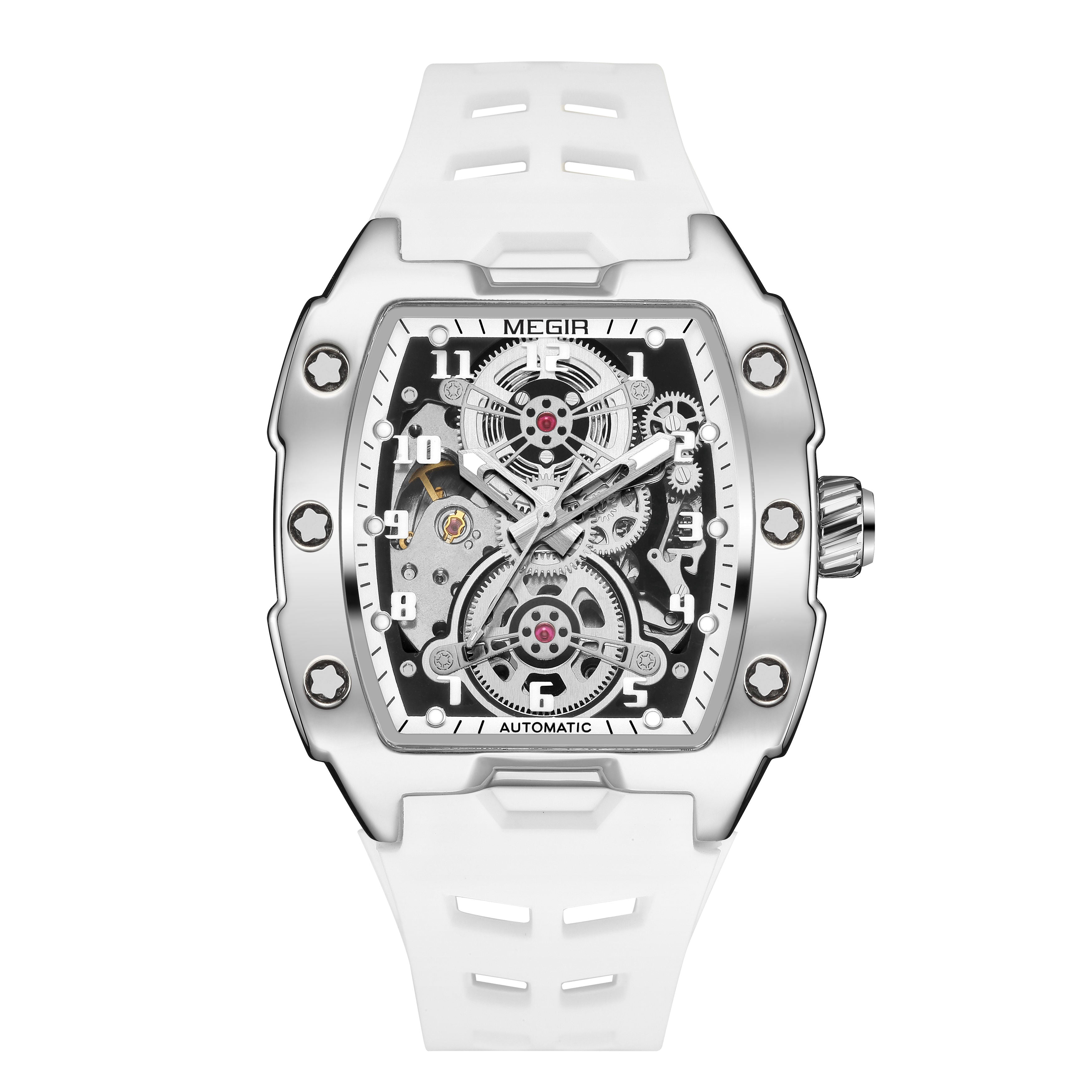 Luxury tonneau skeleton watch with white strap, motorsport-inspired case, exposed gears