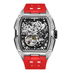 Skeleton dial racing-inspired luxury watch with red strap and diamond-set case