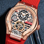 Luxury skeleton automatic watch with rose gold case, red rubber strap, and exposed gears, motorsport-inspired design