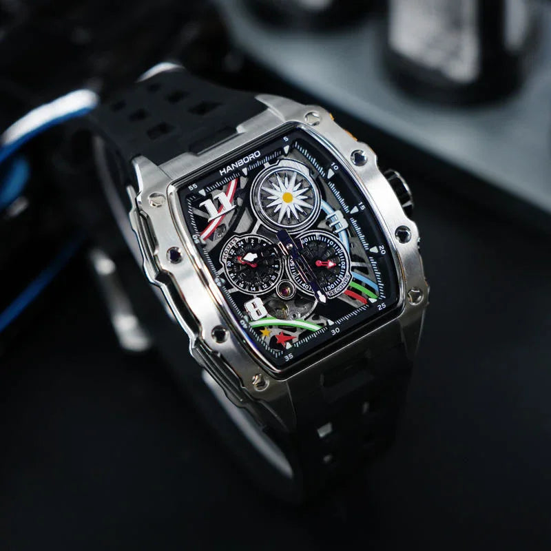 Motorsport-inspired luxury watch with bold skeleton dial, chronograph features, and black rubber strap