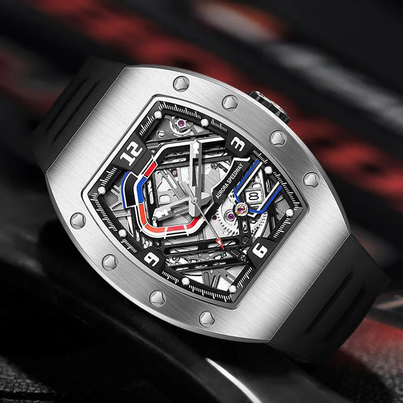 Motorsport-inspired skeleton watch with tonneau case, exposed gears, and bold racing accents