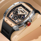 Luxury sport-inspired watch with skeleton dial, rose gold and steel case, black rubber strap