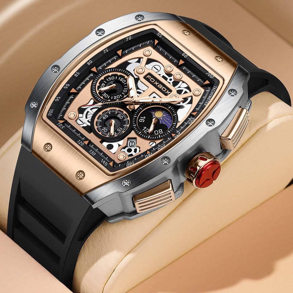 Luxury sport-inspired watch with skeleton dial, rose gold and steel case, black rubber strap