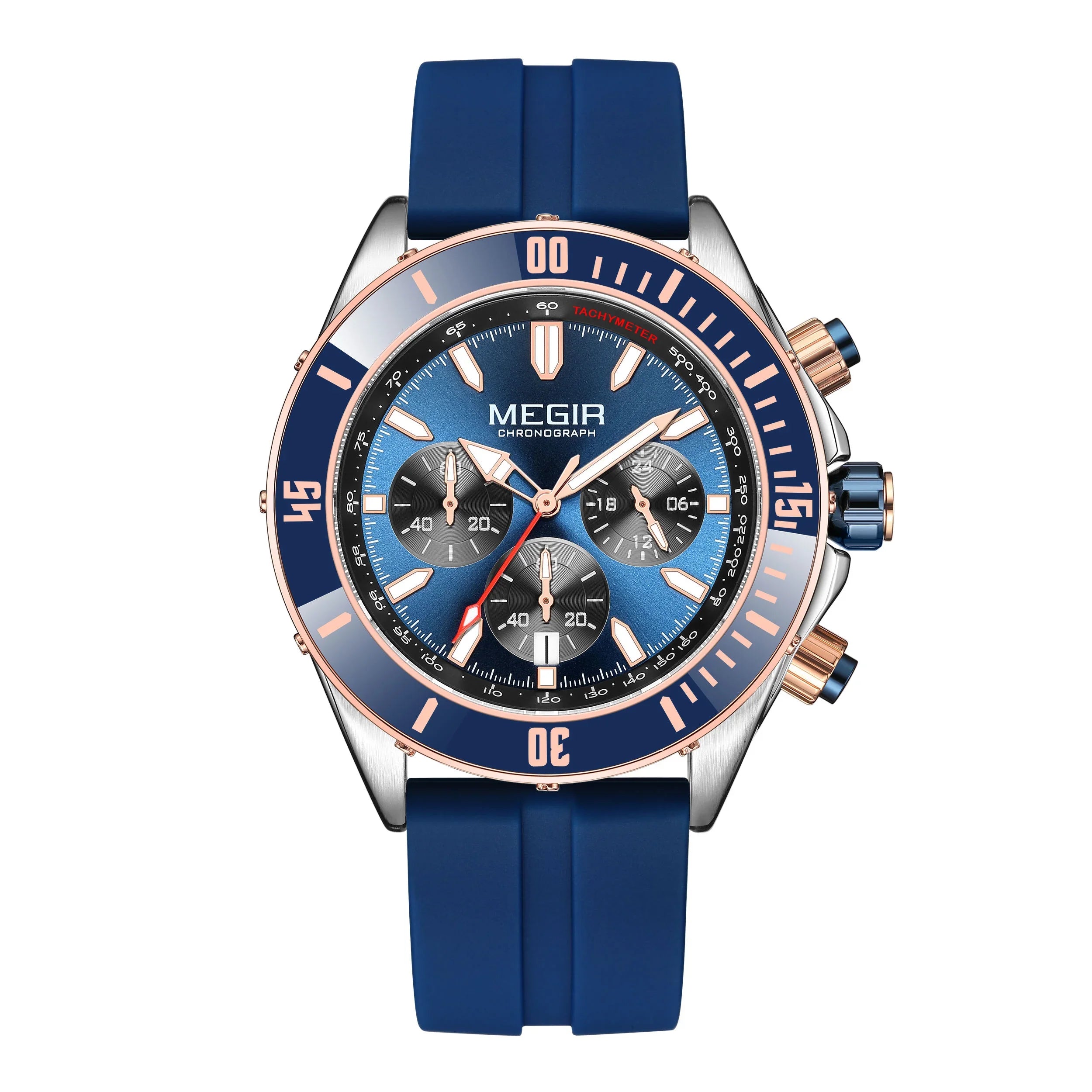 Blue racing-inspired chronograph watch with rose gold accents and a bold sport-luxury design