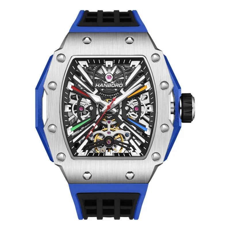 Luxury motorsport-inspired skeleton watch with blue and silver case, bold dial, and rubber strap