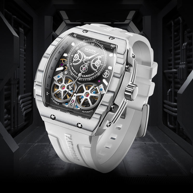 Luxury racing-inspired skeleton watch with a white strap, automatic movement, and bold case