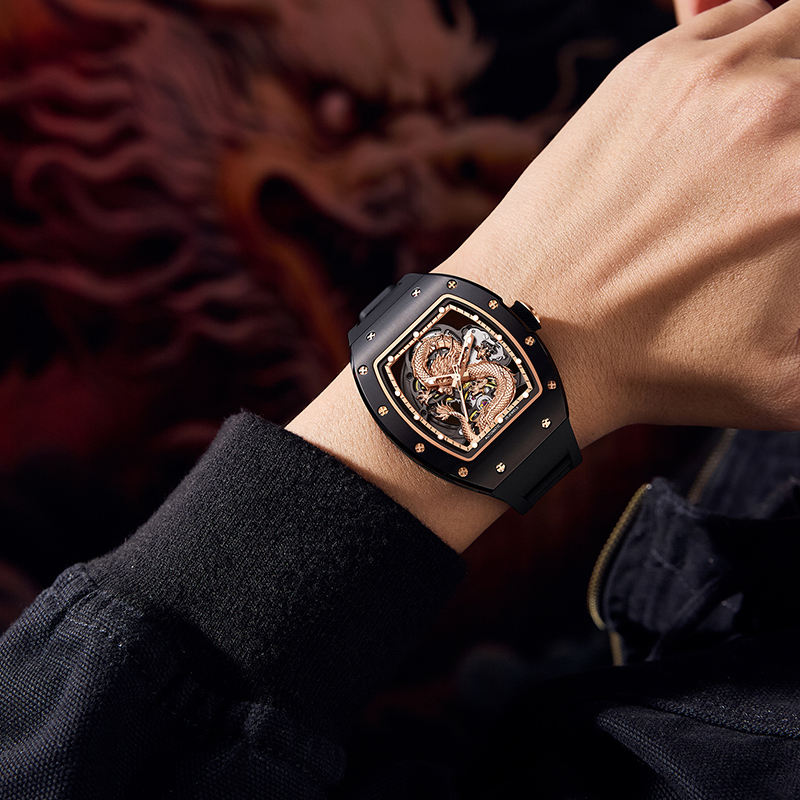 Luxury motorsport-inspired mens watch with skeleton dial and dragon motif, black strap