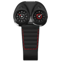 Motorsport-inspired luxury dual-dial watch with black case, red accents, and stitched strap