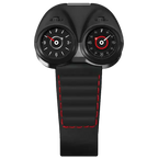 Motorsport-inspired luxury dual-dial watch with black case, red accents, and stitched strap