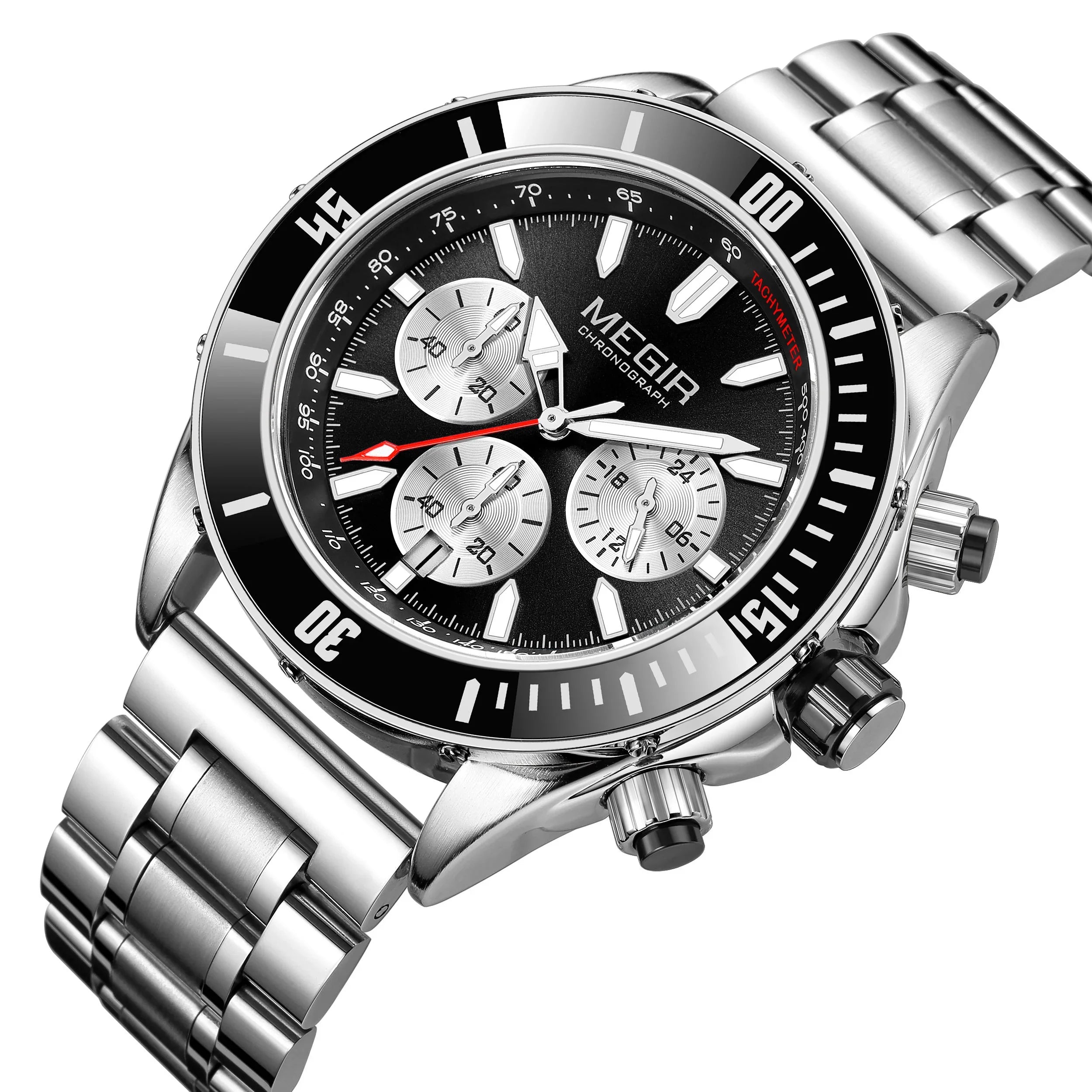 Luxury chronograph sport watch with stainless steel band and black dial, motorsport inspired