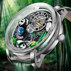 Luxury sport watch with open dial, panda figurines, and green bamboo design, inspired by motorsport and European style