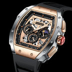 Luxury sport watch with skeleton dial, rose gold accents, and black rubber strap on black background