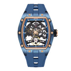 Blue tonneau-shaped skeleton watch with gold accents, motorsport-inspired sport-luxury design