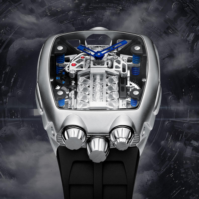 Luxury motorsport-inspired homage watch with openwork dial, blue hands, and bold design.