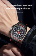 Motorsport-inspired sport-luxury watch with bold red and black accents on wrist