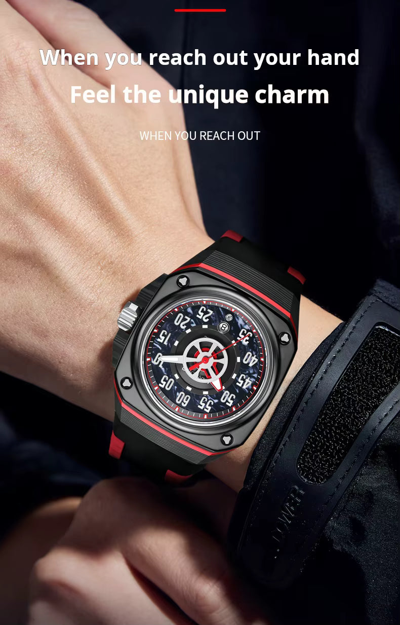Motorsport-inspired sport-luxury watch with bold red and black accents on wrist