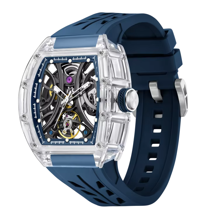 Motorsport-inspired luxury watch with skeleton dial, transparent case, and blue strap