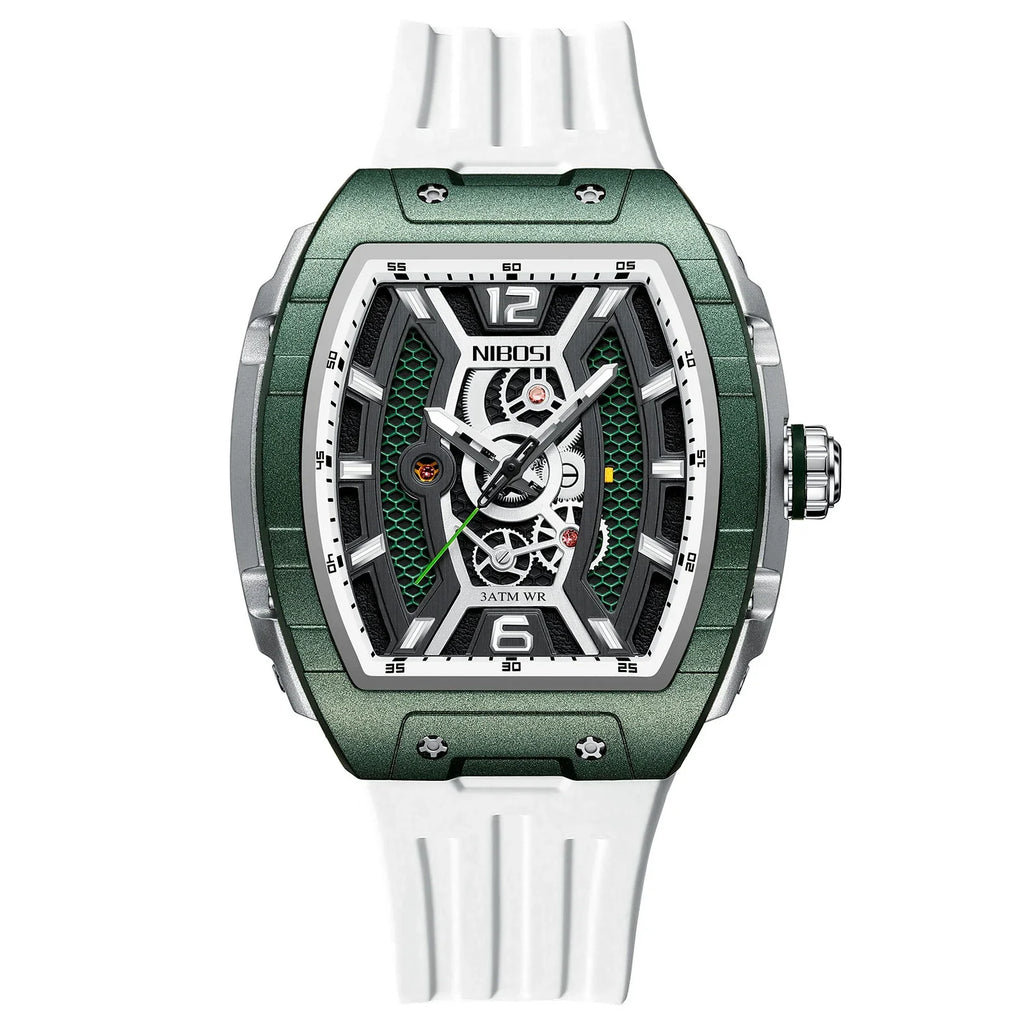 Motorsport-inspired green tonneau watch with skeleton dial and white rubber strap