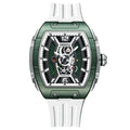 Motorsport-inspired green tonneau watch with skeleton dial and white rubber strap