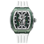 Motorsport-inspired green tonneau watch with skeleton dial and white rubber strap