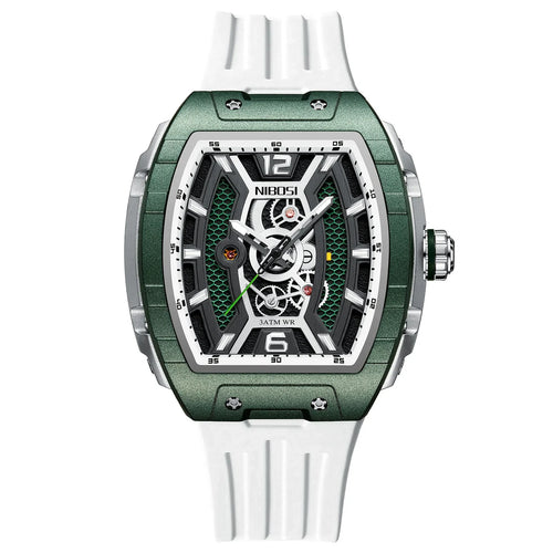 Motorsport-inspired green tonneau watch with skeleton dial and white rubber strap