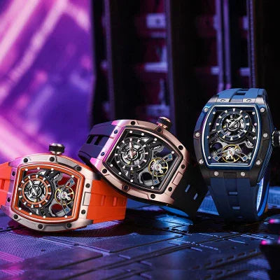 Motorsport-inspired luxury tonneau watches with visible skeleton dials, sporty bands, and bold designs
