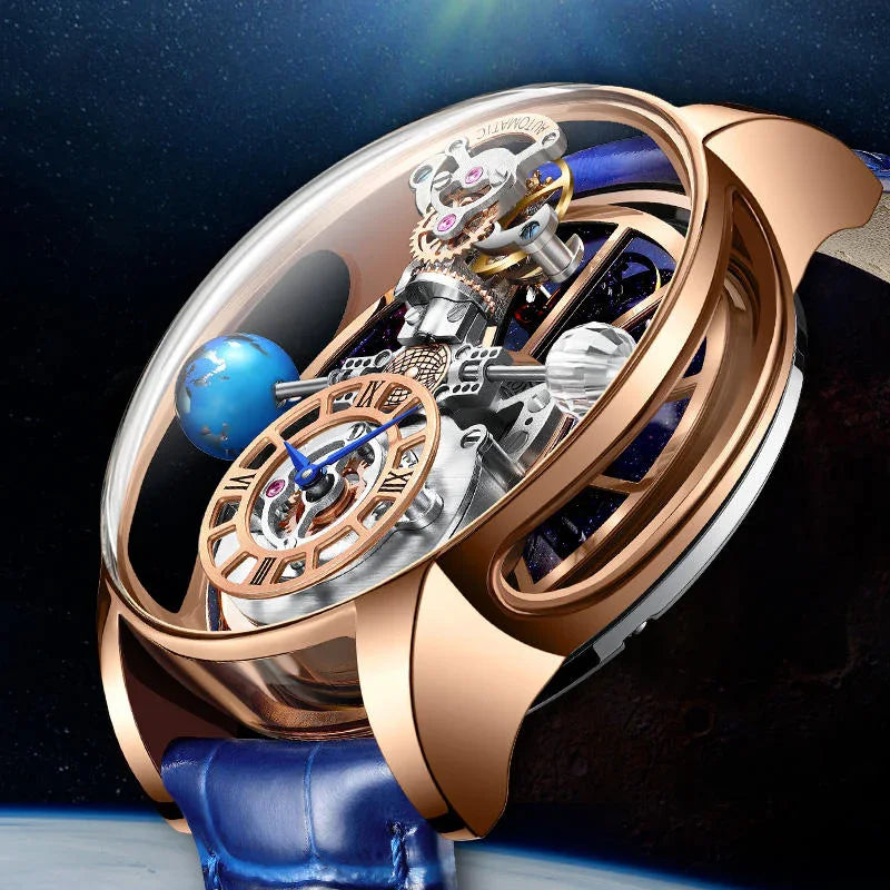 Luxury skeleton watch with rose gold case, blue strap, exposed gears, and planet detail