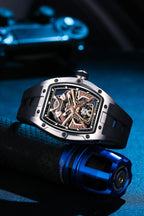 Luxury skeleton dial sport-luxury watch with tonneau case, motorsport-inspired design