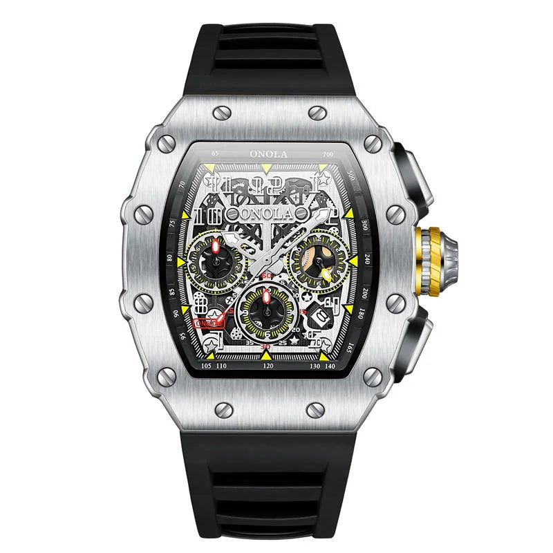 Motorsport-inspired luxury chronograph watch with skeleton dial, tonneau case, and black strap