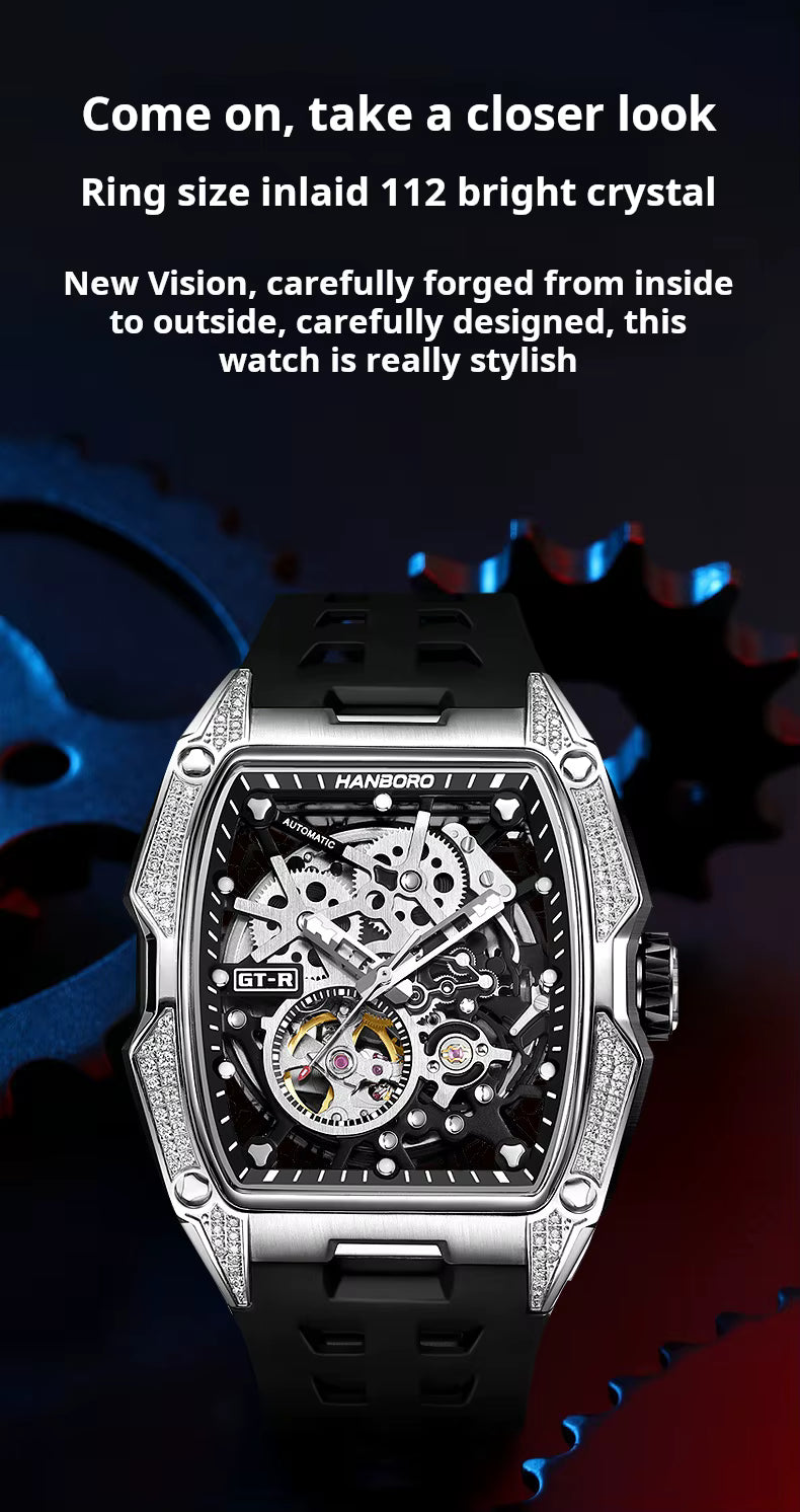 Skeleton dial sport-luxury homage watch with crystal accents, black strap, inspired by motorsport