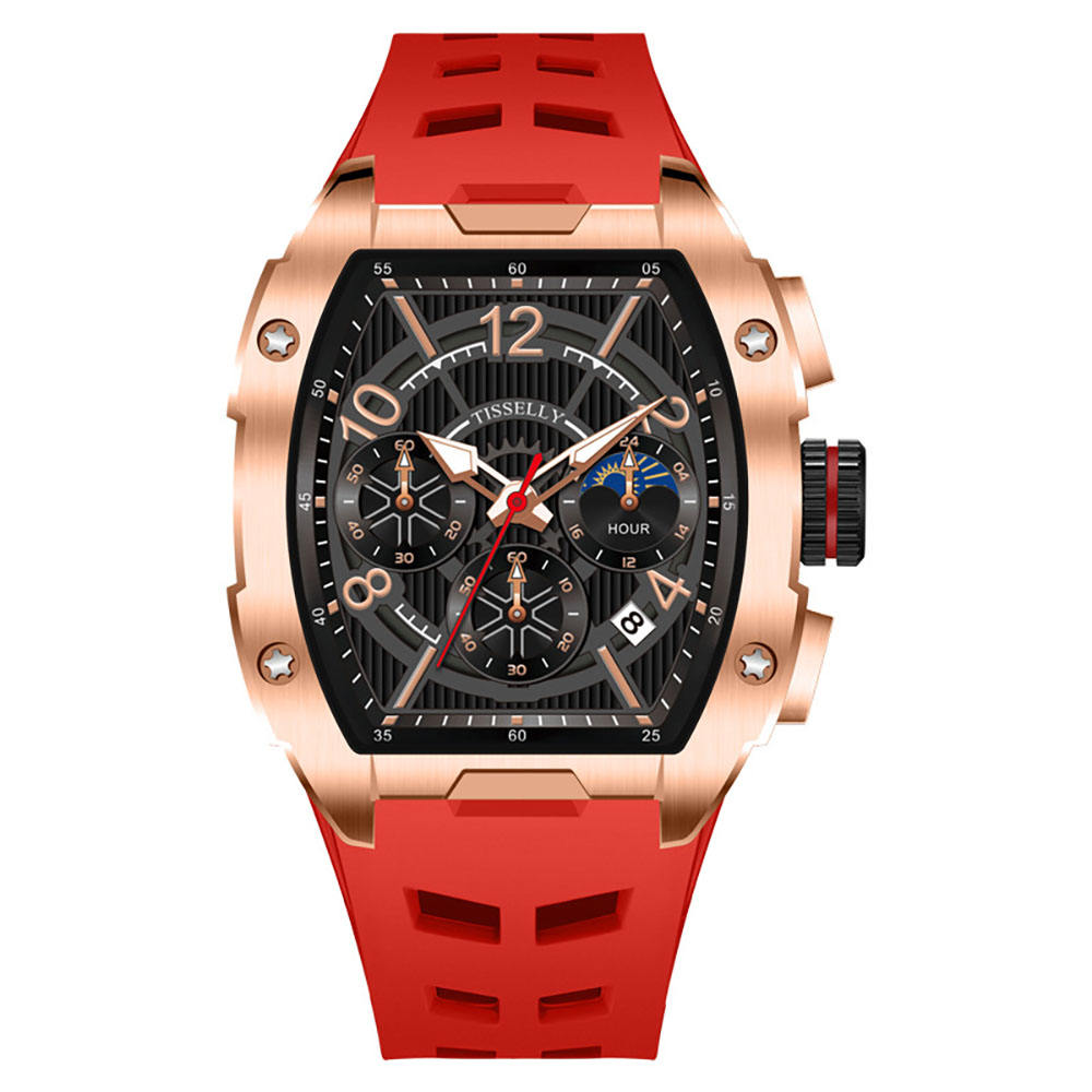 Luxury motorsport-inspired chronograph watch with rose gold case, skeleton dial, and red rubber strap