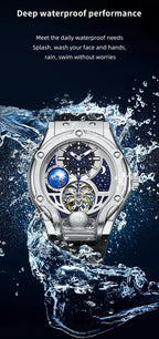 Luxury racing-inspired waterproof watch with silver case, openwork dial, and galaxy accents splashed by water