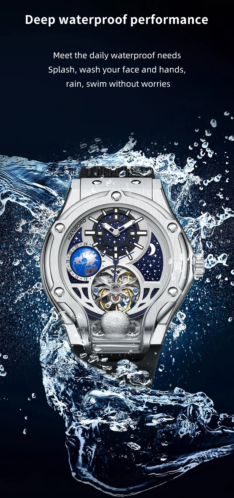 Luxury racing-inspired waterproof watch with silver case, openwork dial, and galaxy accents splashed by water