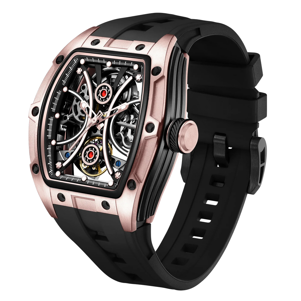 Rose gold tonneau case skeleton sport-luxury watch with black rubber strap, racing-inspired design