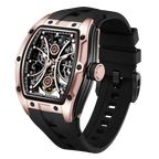 Rose gold tonneau case skeleton sport-luxury watch with black rubber strap, racing-inspired design