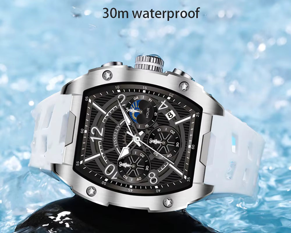 Luxury sport chronograph watch with white strap and tonneau case, 30m waterproof, racing-inspired design on a wet surface.