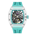 Motorsport-inspired skeleton watch with transparent case, turquoise strap, and intricate mechanical dial