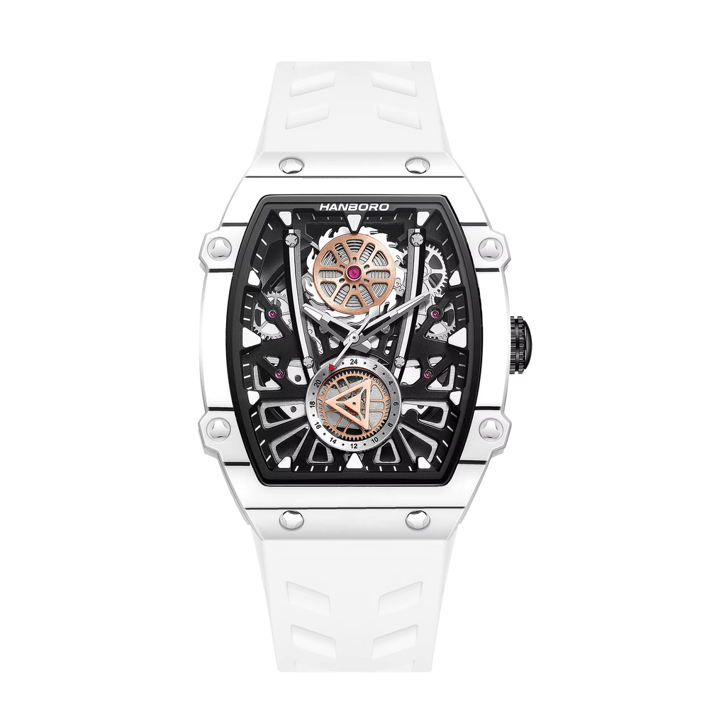 Luxury tonneau-shaped skeleton watch with white strap, motorsport-inspired design and bold dial