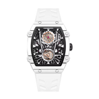 Luxury tonneau-shaped skeleton watch with white strap, motorsport-inspired design and bold dial