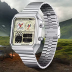 Racing-inspired stainless steel sport watch with analog digital display and bold square case