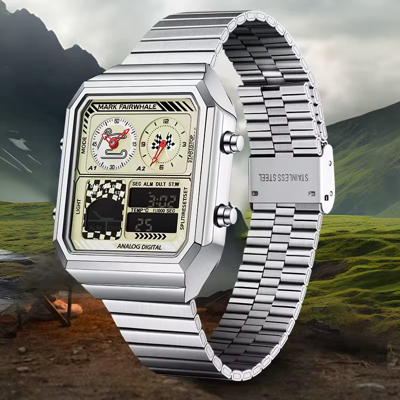 Racing-inspired stainless steel sport watch with analog digital display and bold square case