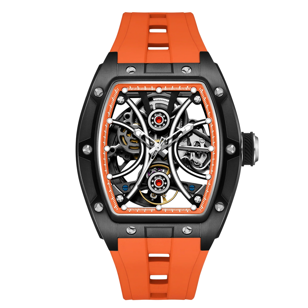 Skeleton dial racing-inspired luxury watch with orange strap and black carbon fiber case