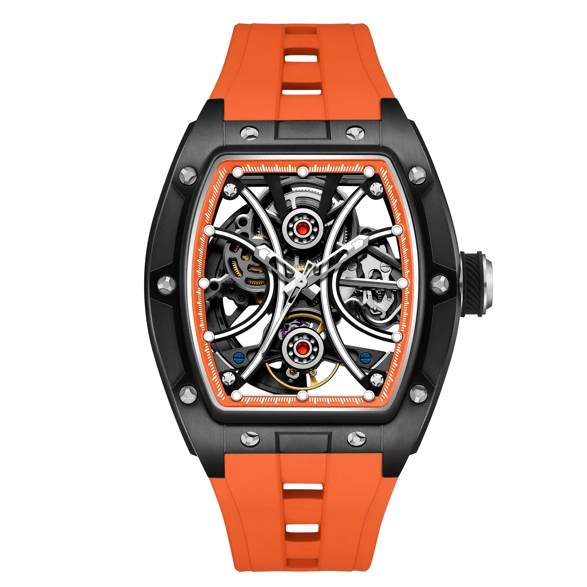 Skeleton dial racing-inspired luxury watch with orange strap and black carbon fiber case