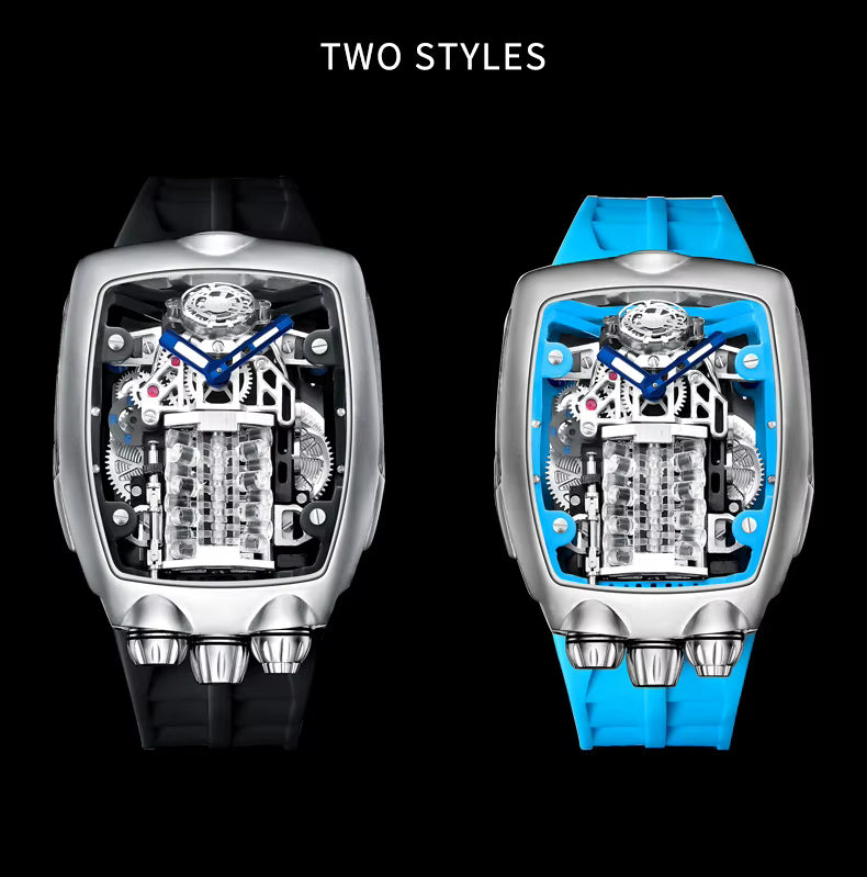 Two luxury motorsport-inspired skeleton watches with black and blue straps, bold modern design