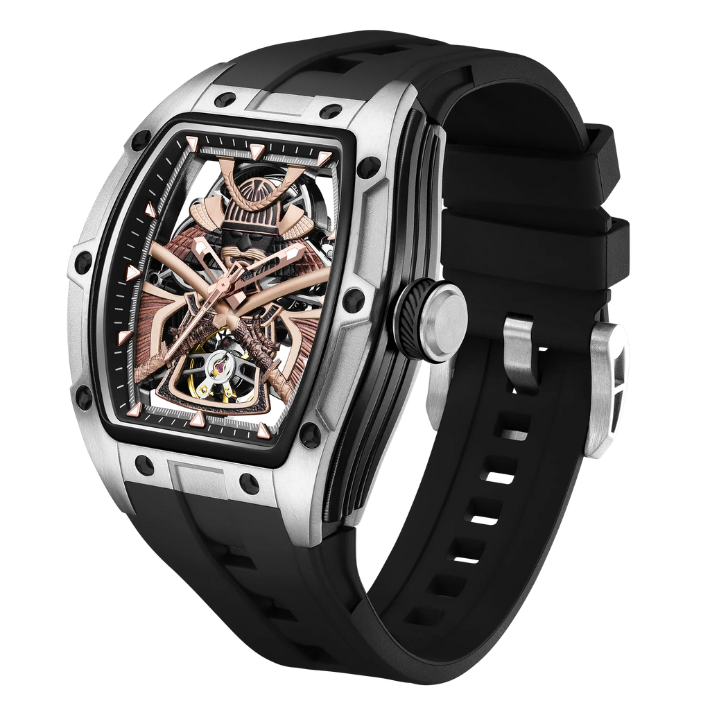 Luxury motorsport-inspired skeleton watch with rose gold accents, tonneau case, and black strap