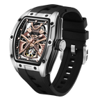 Luxury motorsport-inspired skeleton watch with rose gold accents, tonneau case, and black strap