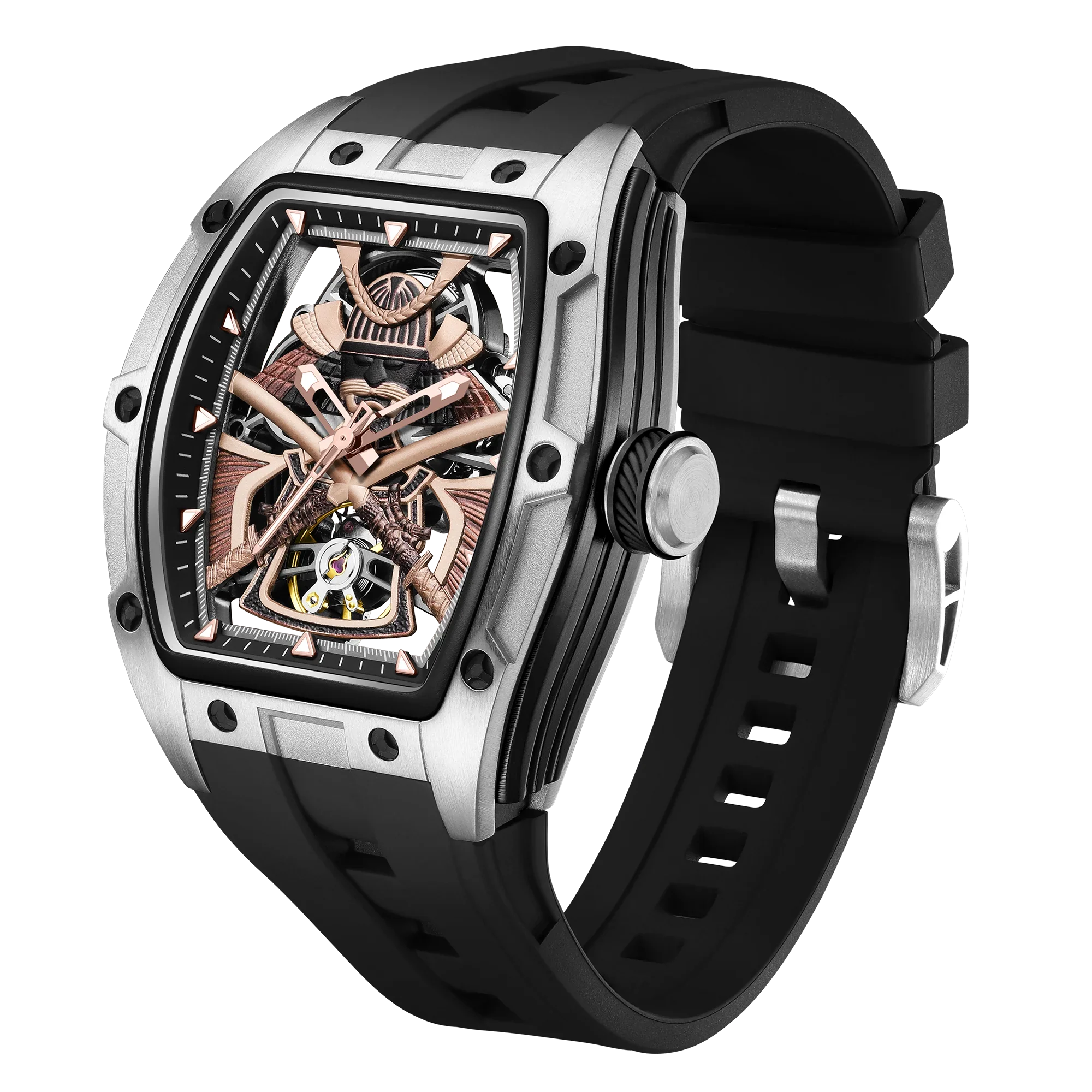 Luxury motorsport-inspired skeleton watch with rose gold accents, tonneau case, and black strap