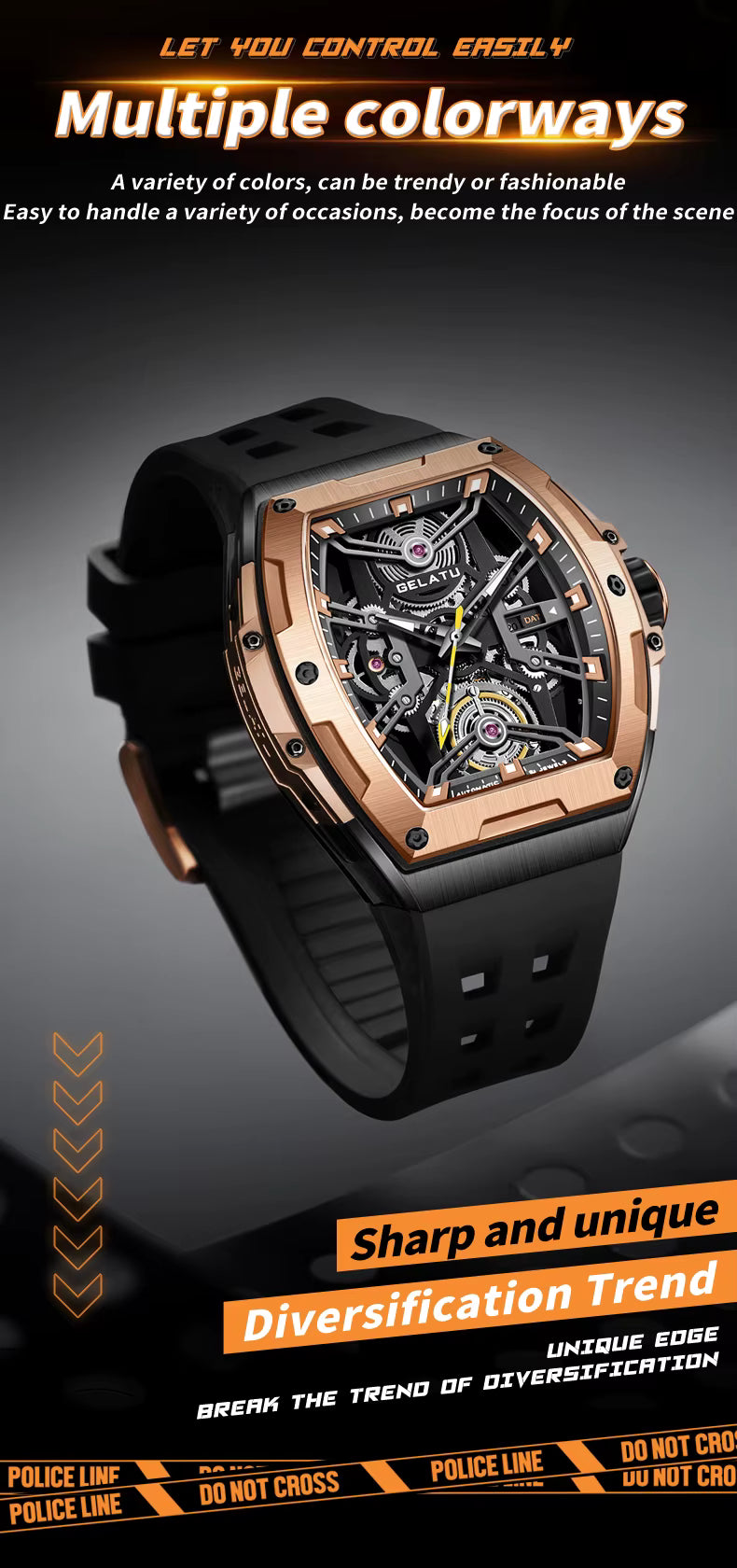Luxury motorsport-inspired skeleton watch with rose gold case, black rubber strap, and visible gears